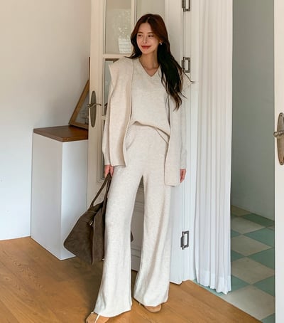 三件組｜Ｖ領針織衣＋披肩＋鬆緊寬褲SET5