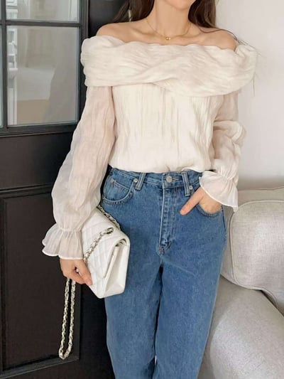 反摺平肩波紋感雪紡衫5