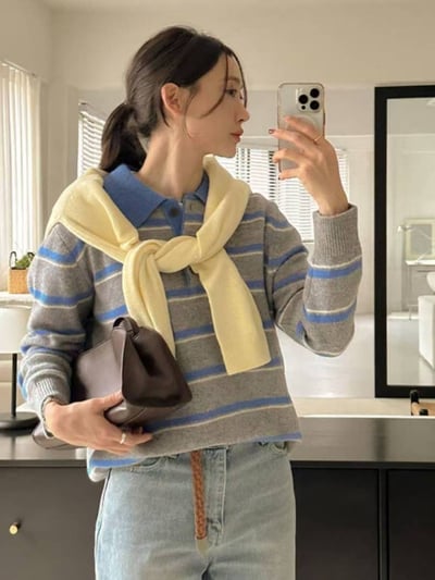 polo排釦領跳色橫條紋羊毛針織衣（100%)5