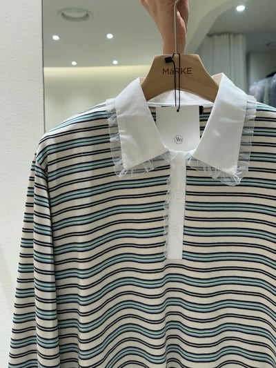 撞色蕾絲polo領配色條紋Ｔ9