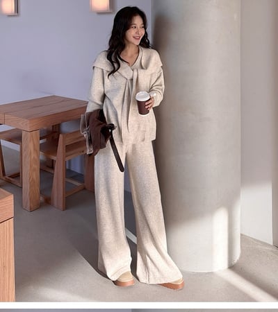 三件組｜Ｖ領針織衣＋披肩＋鬆緊寬褲SET8