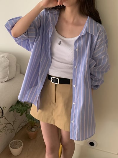 寬鬆落肩跳色直紋襯衫6