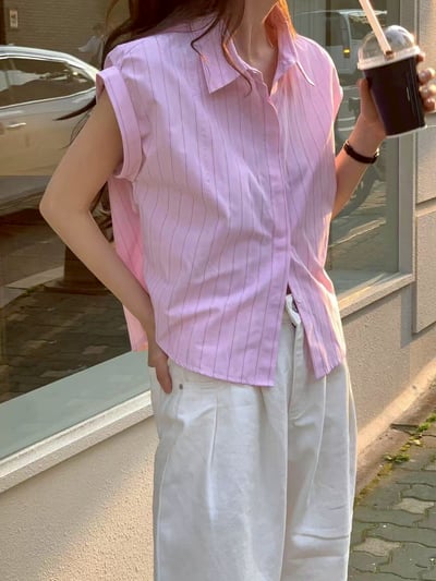 摺袖造型設計條紋襯衫3