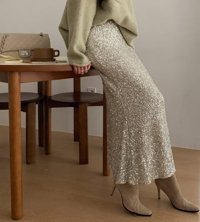 鬆緊腰圍亮片魚尾長裙3