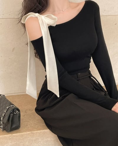 斜肩雪紡綁帶上衣16