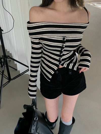 反摺領條紋排釦下開衩針織衣6