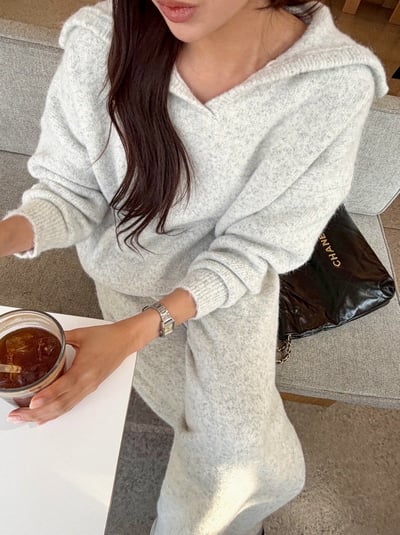 大翻領針織上衣+寬褲SET1