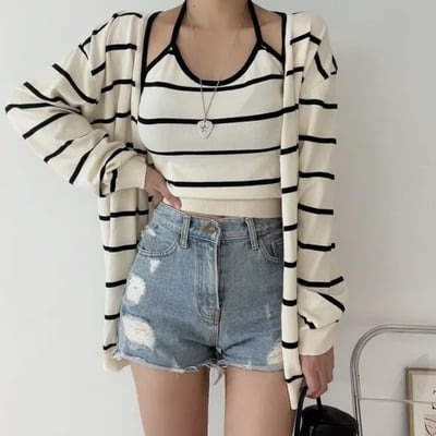 圓領合身薄款橫條紋針織小罩衫4