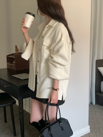 織紋銀釦雙口袋毛呢襯衫5