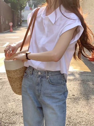 摺袖造型設計條紋襯衫10