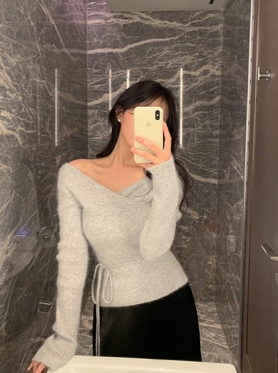 安格拉羊毛交錯Ｖ領綁帶針織衫3