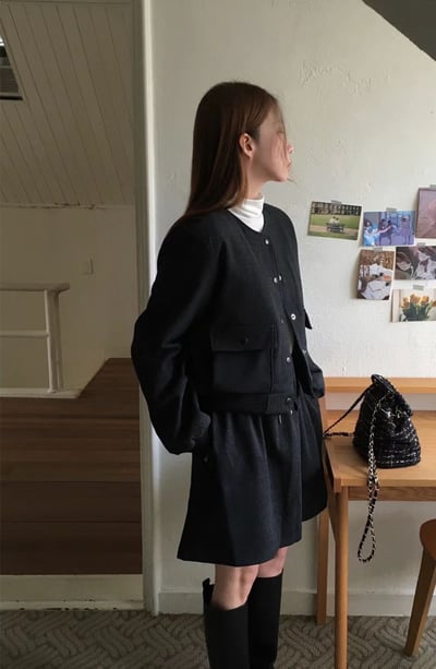 雙口袋磨毛夾克＋鬆緊磨毛短褲裙SET6