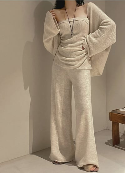 三件組｜平口抓皺背心＋開襟罩衫服綁帶＋鬆緊寬褲SET3