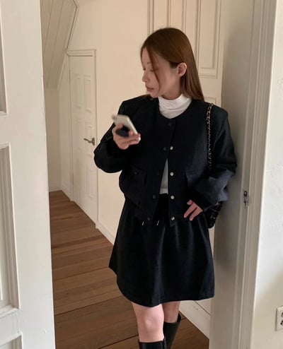 雙口袋磨毛夾克＋鬆緊磨毛短褲裙SET5