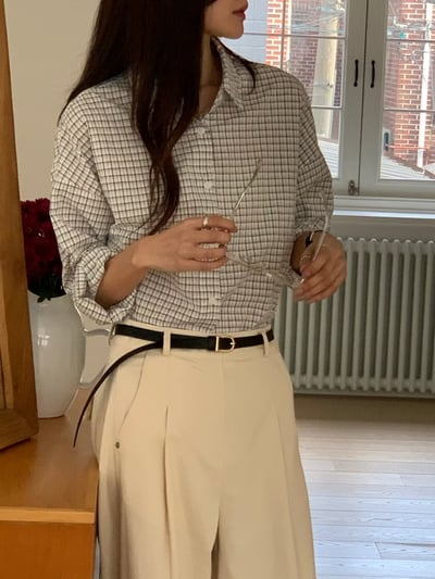 落肩壓紋面料格紋襯衫4