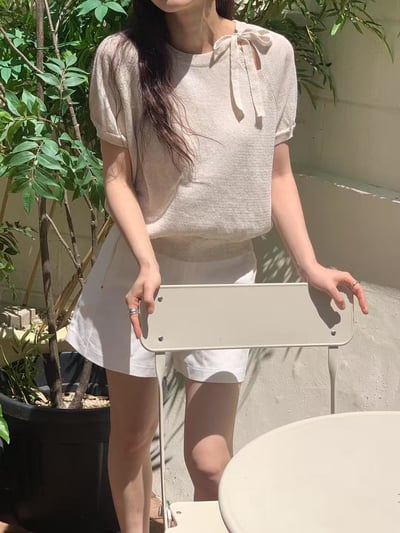 肩綁帶小公主袖針織短T2