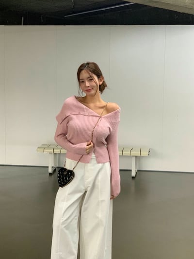 翻領露肩排釦坑紋針織衫4