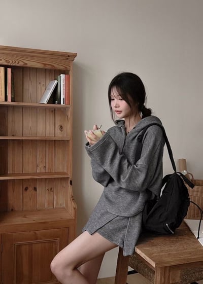 排釦連帽針織衫＋鬆緊開衩褲裙SET18