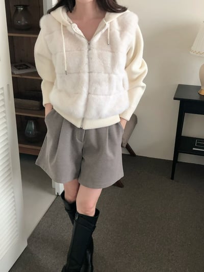 毛毛拼接針織抽繩連帽外套2