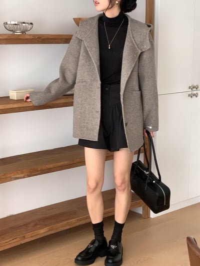 連帽壓線口袋手工羊毛100%長版大衣8