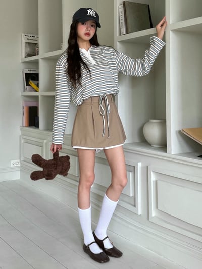 拼接襯料壓摺西裝短褲裙1