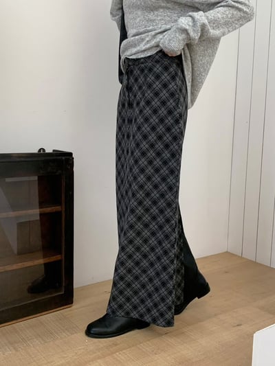 高腰隱藏釦菱格紋磨毛長裙1