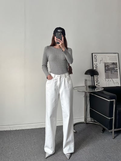 高腰後口袋造型順身小寬褲4