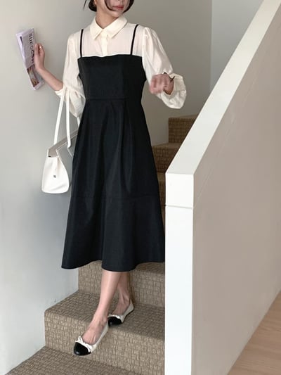 假兩件造型雪紡＋傘擺雪紡吊帶長洋1