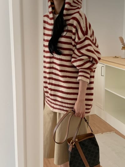 落肩橫條紋連帽長版羊毛外套10
