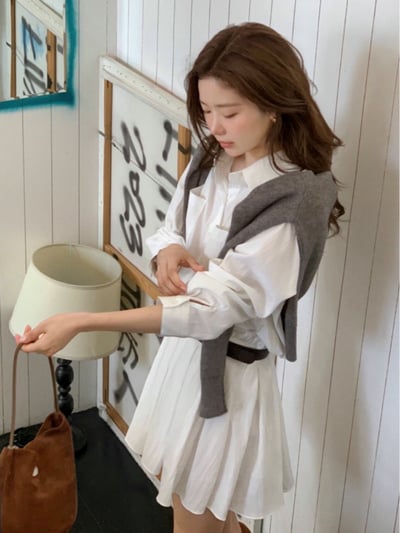 拼接百摺襯衫短洋 (附皮帶)7