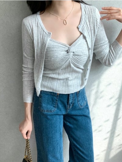 兩穿細坑條排釦罩衫＋扭結背心SET5