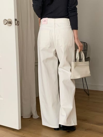 極簡中高腰白色微寬褲2