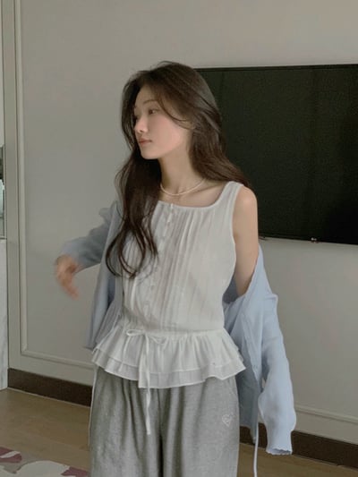 方領打褶鬆緊縮腰棉麻背心8