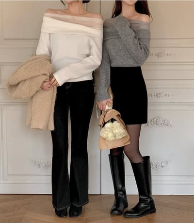 一字領網紗拼接上衣5