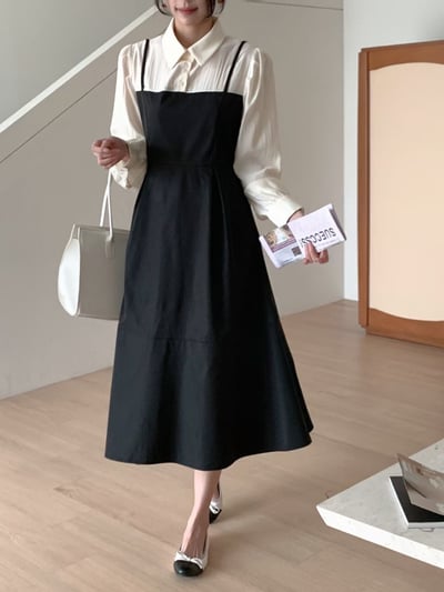 假兩件造型雪紡＋傘擺雪紡吊帶長洋2