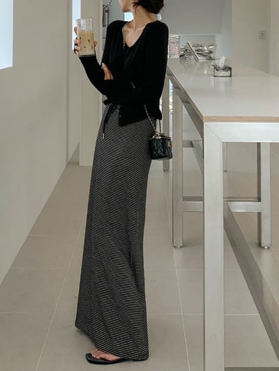 抽繩細條紋落地棉質長裙2