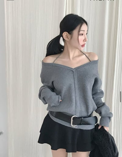 繞頸綁結Ｖ領針織衣2