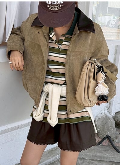 皮革領拼接絨面拉鍊夾克外12