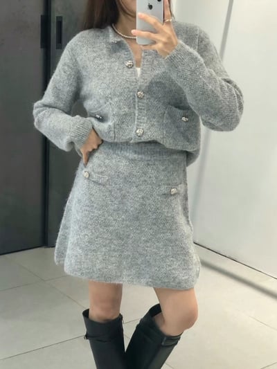 雪花排扣針織衫＋鬆緊針織短裙SET2