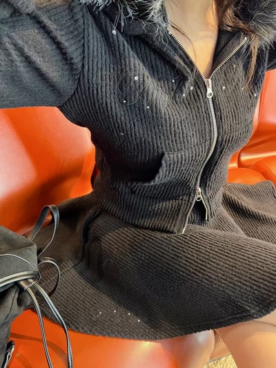 拼接皮革口袋磨毛外套＋壓摺短褲裙SET(可拆買)10