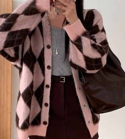 菱格紋毛感中長款排釦外套5