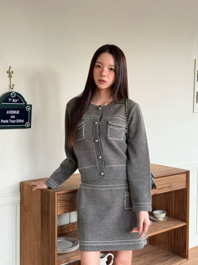 車線銀扣針織上衣+短裙SET6