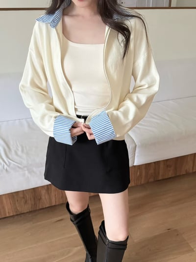 拼接直紋襯領雙拉鍊針織衫6