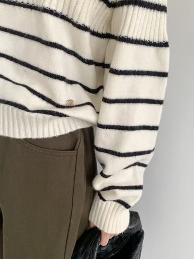 不修邊領拼接坑條橫紋針織衣6