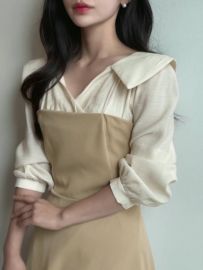 翻領層次拼接傘擺長洋6