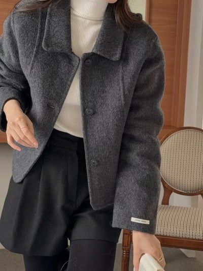 翻領兩側壓線羊毛80%手工外套4