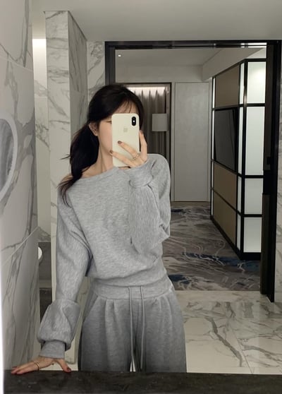 斜肩下擺縮腰大學Ｔ＋打褶腰間抽繩棉褲SET(可拆買）3