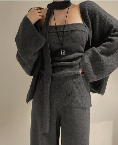 三件組｜平口抓皺背心＋開襟罩衫服綁帶＋鬆緊寬褲SET4