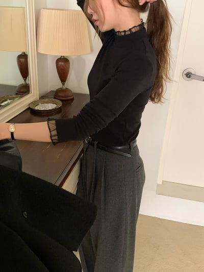 拼接花邊邊網紗高領打底衣8