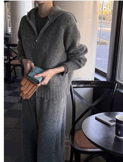 雙向拉鍊針織連帽外套+長褲SET17